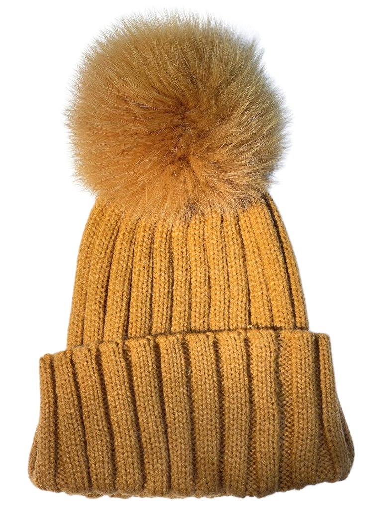 Kid's Adrienne Landau Knit Beanie With Fox Fur Pom In Caramel